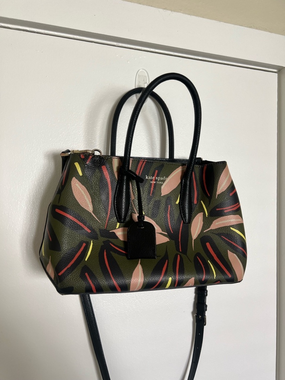 kate spade Olive Multi-Color Leaf Print Satchel with Black Trim